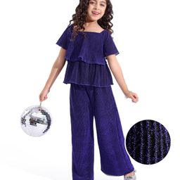 Hola Bonita Flutter Sleeves Glitter Pleated Layered Party Top & Pant Co-Ord Set- Blue-image-42