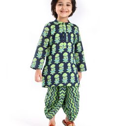 Babyhug Cotton Woven Full Sleeves Kurta Pyjama Set with Floral Print - Navy Blue &Green-image-54