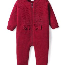 Babyhug Knitted Full Raglan SleevesWinter Romper with Bow Applique- Maroon-image-54