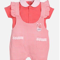 BABY GO Checked Bunny Patch Detailed Dungaree With Half Sleeves Shirt- Red-image-10