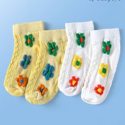 Babyoye Cotton Knitted Ankle Length Socks with Floral Design Pack of 2 - Yellow & White-image-40