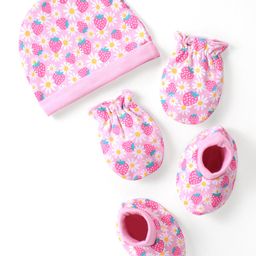 Babyhug 100% Cotton Knit Floral Printed  Cap Mittens & Booties Set - Pink-image-70