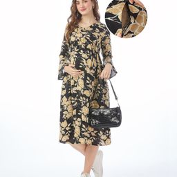 Bella Mama Woven  Three Fourth Sleeves Floral Printed Maternity Dress - Black-picture-34
