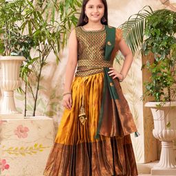 Aarika Brocade Sleeveless Paisleys Hand Embroidered & Stones Embellished Lehenga Choli With Dupatta & Belt Set - Green & Mustard Yellow-image-12