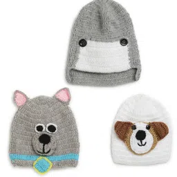 MayRa Knits Pack Of 3 Hand Knitted Animals Crochet Designed Caps - Grey & White-picture-1