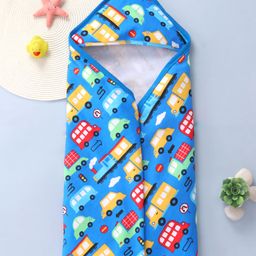 Babyhug Interlock Knit Hooded Towel With Vehicle Print L 30 x B 30 cm - Blue-picture-12