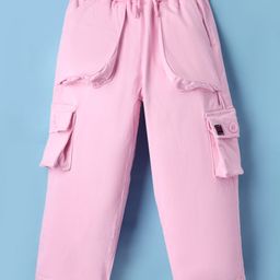 Olio Kids Cotton Woven Full Length Solid Color Trouser with Pocket - Pink-image-34