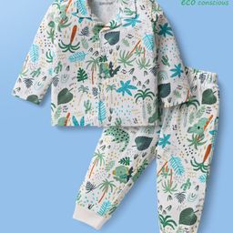 Babyoye 100% Cotton Single Jersey Knit Full Sleeves Co-ords Night suit With Tropical Theme Print - White-image-19
