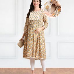 Bella Mama Woven Three Fourth Sleeves Maternity Kurta with Floral Print & Pocket - Yellow-image-70