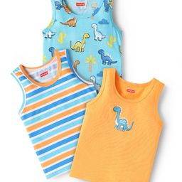 Babyhug 100% Cotton Knit Sleeveless Sando Vests With Dino Print Pack of 3 - Orange Blue & White-image-58
