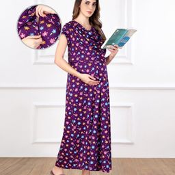Bella Mama Cotton Knit Half Sleeves Concealed Zipper Floral Print Nighty - Purple-picture-27