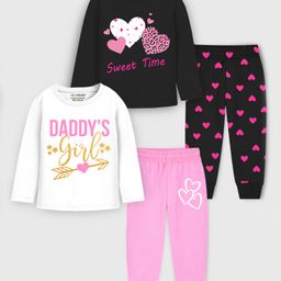 Trampoline Cotton Blend Pack Of 2 Full Sleeves Daddy Girl Text & Hearts Printed Coordinating Tees & Pajamas Set - Black & Pink-image-20