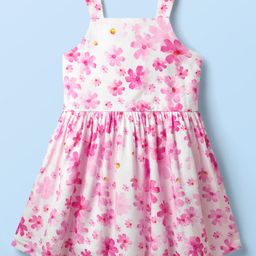 Kookie Kids Woven Sleeveless Frock With Floral Print - Pink & White-image-59