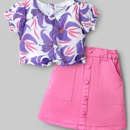 OLLINGTON ST. Chiffon Half Sleeves Floral Printed Top & Woven Twill Lycra Skirt - White & Pink-picture-13