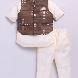 LITTLE COLLARS Blended Full Sleeves Solid Kurta & Pyjama With Ikat Printed Jacket Set - Brown-image-12
