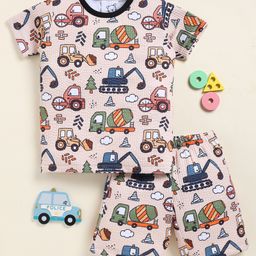Little Marine Cotton Half Sleeves Excavators Printed Tee & Coordinating Shorts Set - Multi Colour-image-30
