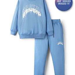 Primo Gino 100% Cotton Knit French Terry Oversized Drop Shoulder Full Sleeves Sweatshirt & Oversized Jogger Set with Imagine Print - Blue-picture-44