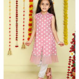 The Magic Wand Cotton Woven Sleeveless Polka Dots Printed Lace Embellished Kurta With Pant Set - Pink-image-89