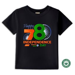 BLUSHES 100% Cotton Knit Independence Day Theme Half Sleeves Happy 78 Independence Day Text Printed Tee - Black-image-96