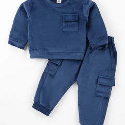 ToffyHouse Fleece Knit Full Sleeves Co-ord Solid Color Night Suit - Navy Blue-picture-16