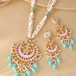 DASTOOR Gold Plated Stone Studded & Beaded Jewellery Set-image-39