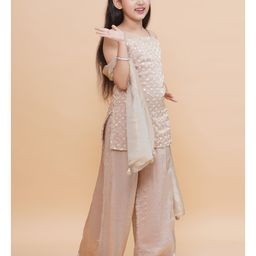 Piccolo Tissue Sleeveless Mirror Work Detailed Kurta & Palazzo With Dupatta Set - Beige image 4