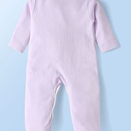 kookie kids india Kookie Kids Interlock Knit Full Sleeves Striped & Teddy Bear Printed Footed Sleep Suits Pack of 2 - White & Lavender image 5