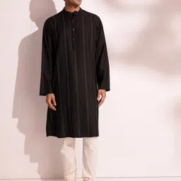 Fabindia Striped Band Collar Long Sleeves Thread Work Regular Straight Kurta-picture-16
