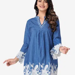 SUMAVI-FASHION Floral Embroidered Mandarin Collar Bell Sleeve Gathered Denim A-Line Dress-image-42