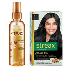 Streax Vitalized Hair Serum 100 ml & Shine On Cream Hair Colour 120 ml - Black Brown 2-53