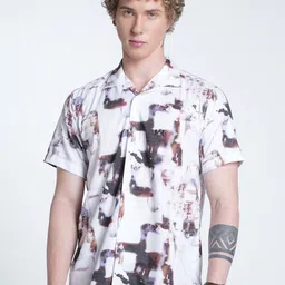 Double Two Relaxed Slim Fit Abstract Printed Resort Collar Chambray Weave Cotton Shirt-image-89