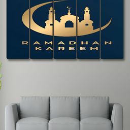 Livin'luxe Navy Blue & Gold-Toned 5 Piece Islamic Printed Canvas Wall Painting-image-63