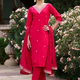 NIZA FASHION Floral Embroidered V Neck Sequinned Kurta With Trousers & Dupatta-picture-48