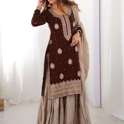 Fusionic Women Ethnic Motifs Embroidered Regular Kurta with Sharara & With Dupatta-picture-7