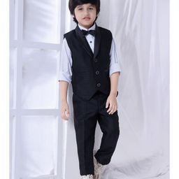 Ministitch Full Sleeves Solid Four Piece Party Suit Set - Black & Blue-image-2