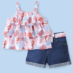 Babyhug 100% Cotton Knit Sleeveless Top & Denim Shorts Set Sea World Print - White & Medium Blue-image-64