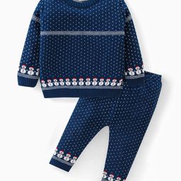 Babyhug Knitted Full Sleeves Sweater Set with Snowman Design - Navy Blue-image-4