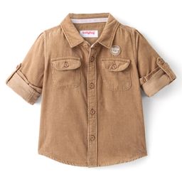 Babyhug Full Sleeves Two Pocket Corduroy Shirt Text Embroidery- Beige-image-84