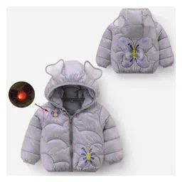 Kookie Kids Full Sleeves Padded Hooded Jacket With Butterfly Front & Back Print & Light Applique - Grey-picture-33