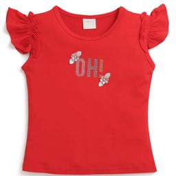 Tiny Girl Frill Sleeves Floral Applique Detailed & Beads Embellished Top - Red-image-38