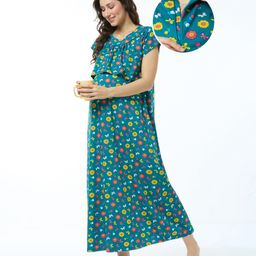 Bella Mama Cotton Knit Half Sleeves Concealed Zipper Nighty With Floral Print - Teal Blue-picture-32