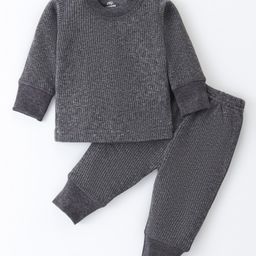 Mom's pet Cotton Full Sleeves Solid Ribbed Thermal Set - Dark Melange-image-15