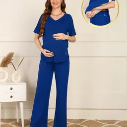 Zelena Viscose Half Sleeves Extra Stretchable Solid Top & Pyjama Set - Blue-picture-18