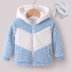 Kookie Kids Full Sleeves Hooded Winter Fur Jacket with Cut & Sew Design - Light Blue & White-image-99