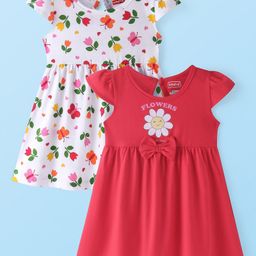 Babyhug Cotton Cap Sleeves Knee Length Frocks with Bow Floral & Butterfly Print Pack of 2 - White & Red-89