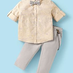 ToffyHouse Chambray Woven Full Sleeves Text Printed Party Shirt & Trouser Set With Bow & Suspender - Light Grey-image-82