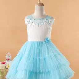 Enfance Sleeveless Floral Applique Lace Embellished Shimmered Layered Dress- Ferozi Blue-picture-48