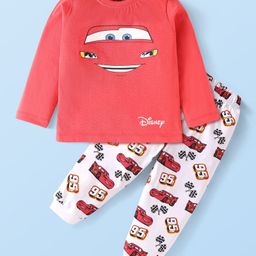 Babyhug Disney Single Jersey Knit Full Sleeves Night Suit With Cars Graphics - Red & White-image-55