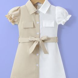 Mark & Mia Half Puffed Sleeves Cut & Sew Designed Shirt Style Frock with Waist Belt Detailing - Tan-image-66