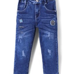 Olio Kids Full Length Washed Distressed Denim Jeans with Text Embroidery - Blue-image-76
